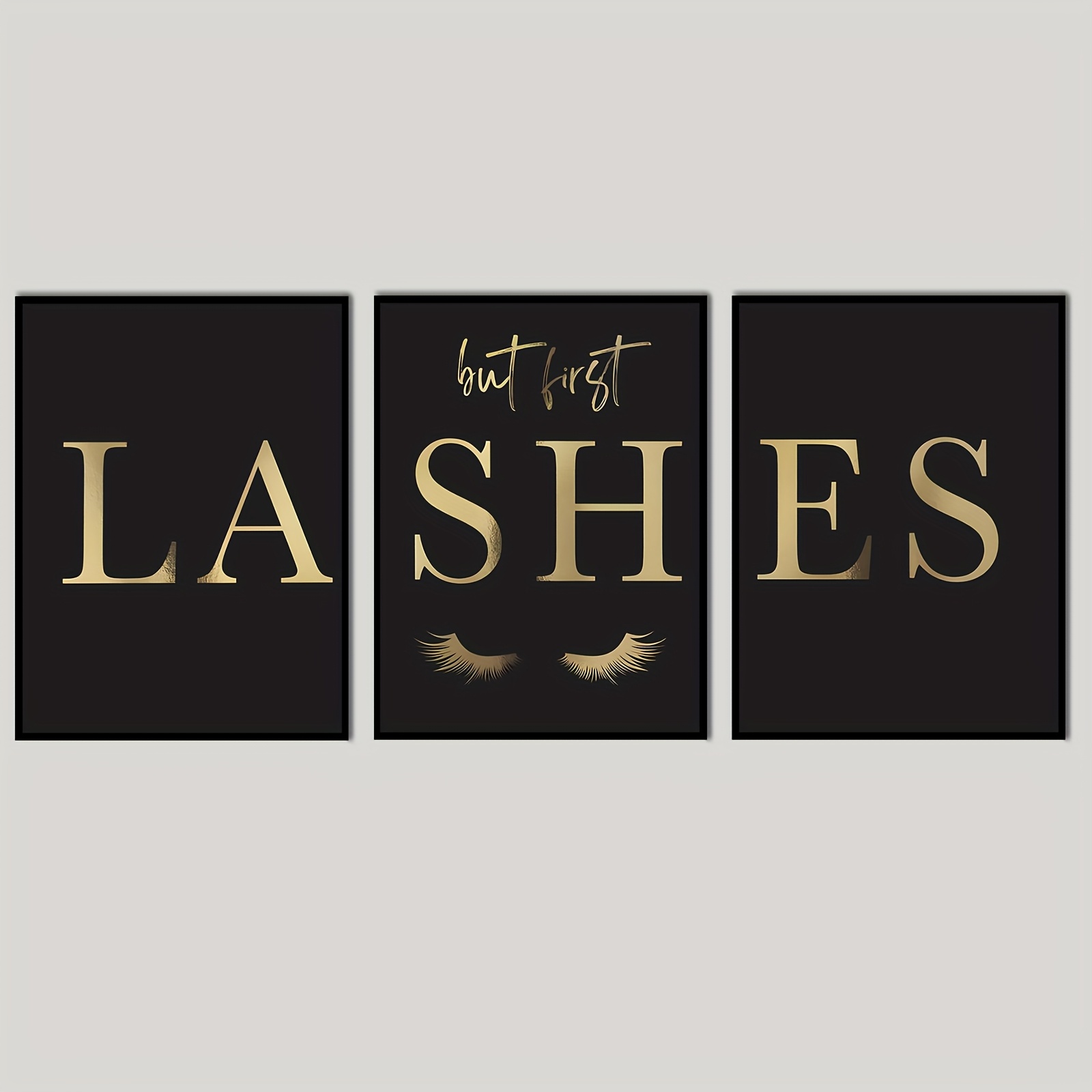Eyelash Extension Salon - （ノーフレーム3枚セット）-3枚セット「But First Lashes」プリントまつげエクステウォールアートキャンバスポスター、ビューティーサロンやまつげスタジオの装飾に
